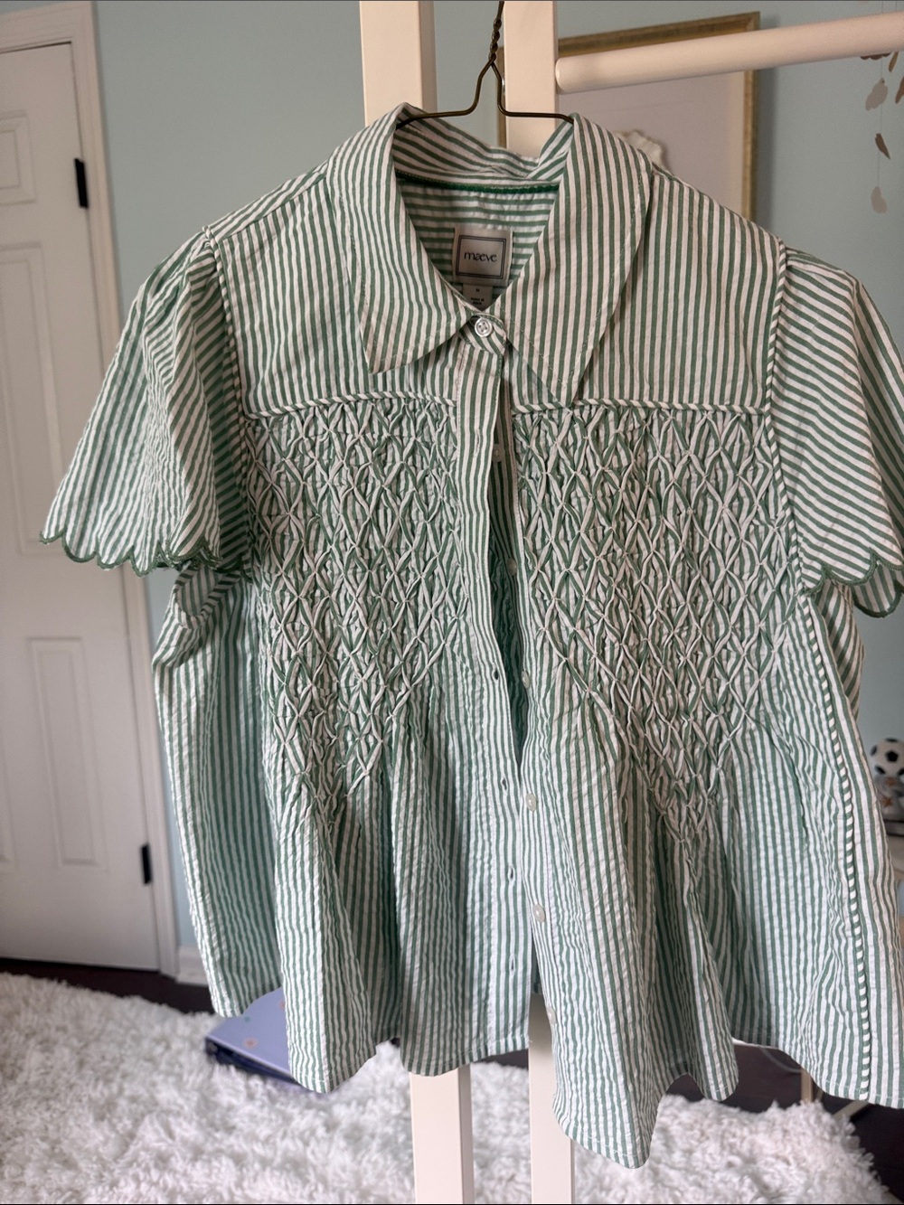 Maeve Green and White Striped Scalloped Cotton Swing Top - Picture 3 of 3